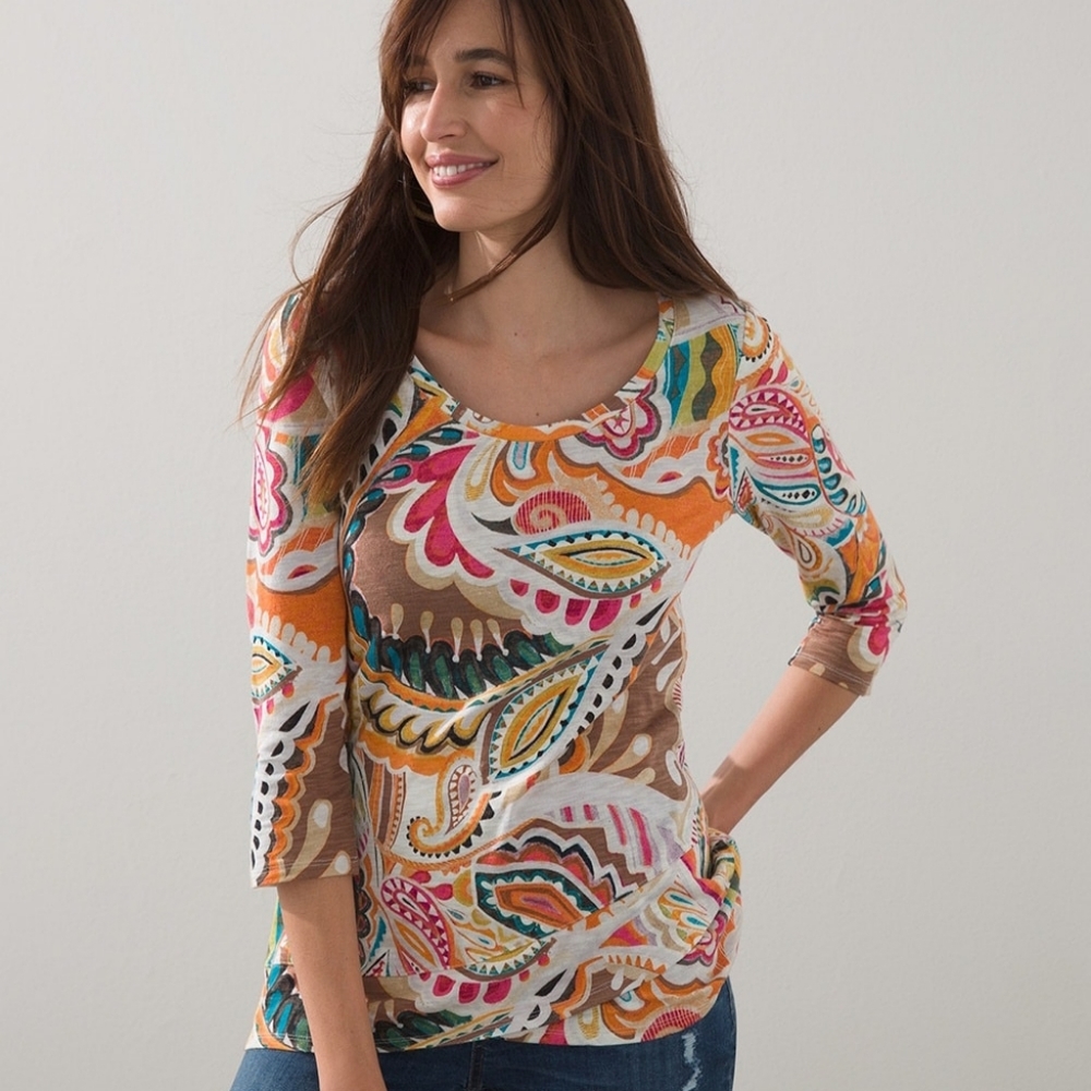 Chico's Women's Paisley Liberty Floral Crossover Slub T Shirt 3/4 Sleeve. Large